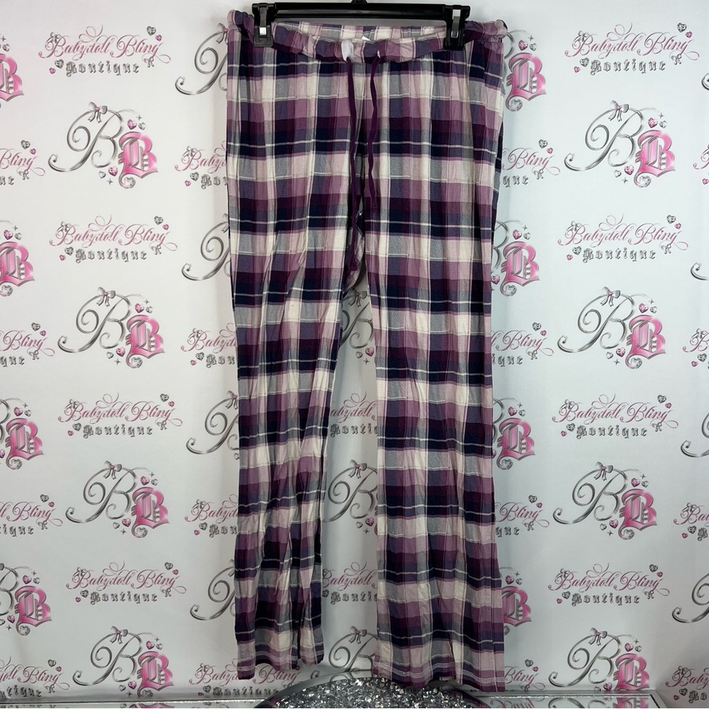 Thyme pants pj purple white pink tie up waist ties  Plaid Lounge Pants